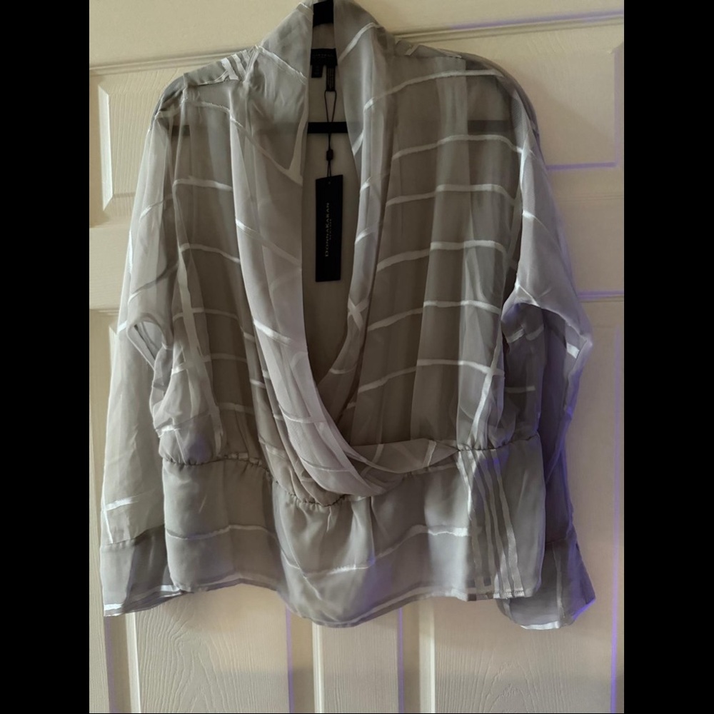 Donna Karan Sheer Mock Wrap Gray and Silver Blouse XL